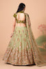 Beautiful Pista Green Soft Net Embroidered Lehenga Choli with Olive Green Blouse and Dupatta