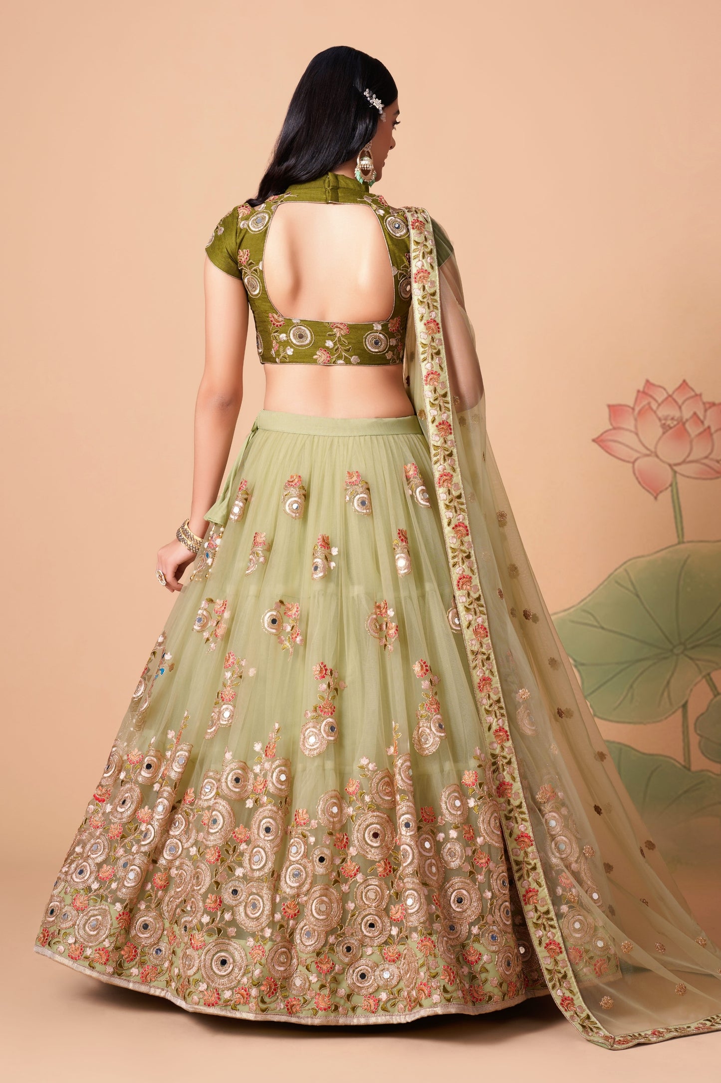 Beautiful Pista Green Soft Net Embroidered Lehenga Choli with Olive Green Blouse and Dupatta