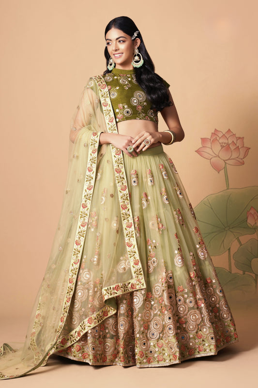 Beautiful Pista Green Soft Net Embroidered Lehenga Choli with Olive Green Blouse and Dupatta