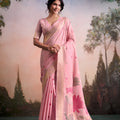 Graceful Pink Linen Silk Soft Saree Floral Woven Zari Border