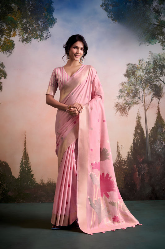 Graceful Pink Linen Silk Soft Saree Floral Woven Zari Border