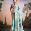 Royal Aqua Blue Linen Silk Soft Saree Floral Woven Zari Border for Women