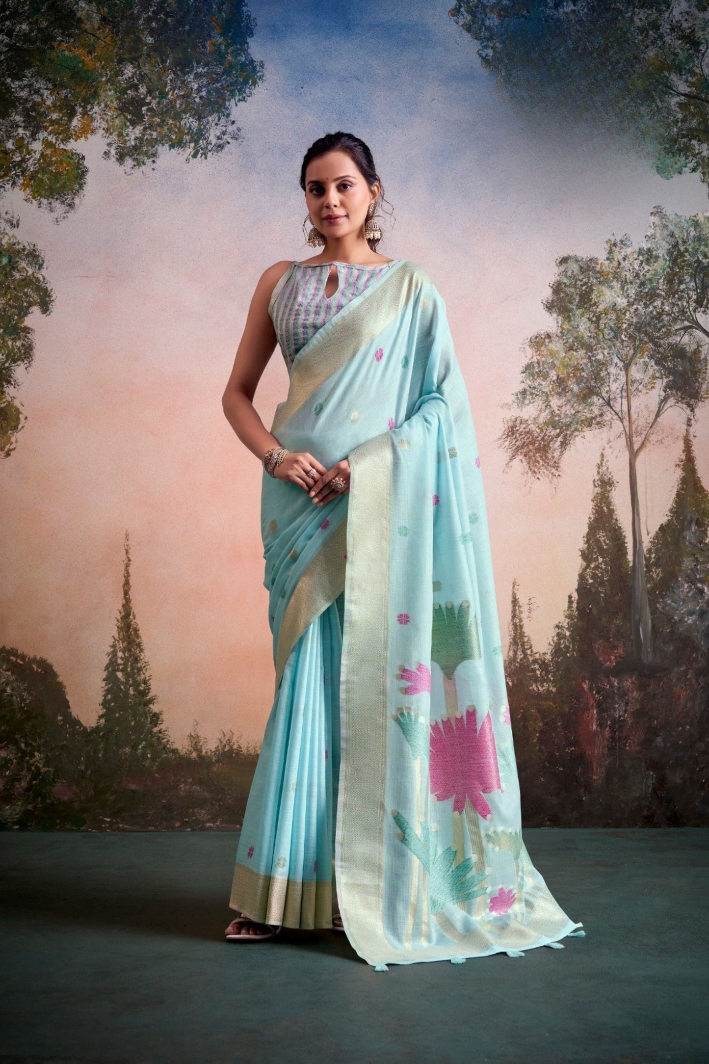 Royal Aqua Blue Linen Silk Soft Saree Floral Woven Zari Border for Women