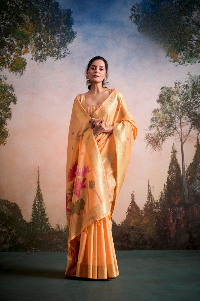 Elegant Orange Linen Silk Soft Saree Floral Woven Zari Border for Women