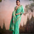 Graceful Mint Green Linen Silk Soft Saree Floral Woven Zari Border for Women