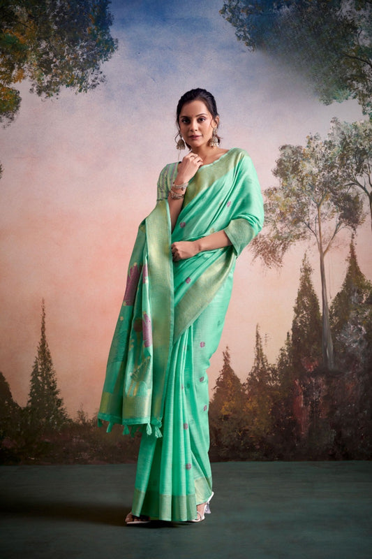 Graceful Mint Green Linen Silk Soft Saree Floral Woven Zari Border for Women