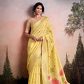 Elegant Lemon Yellow Linen Silk Soft Saree Floral Woven Zari Border