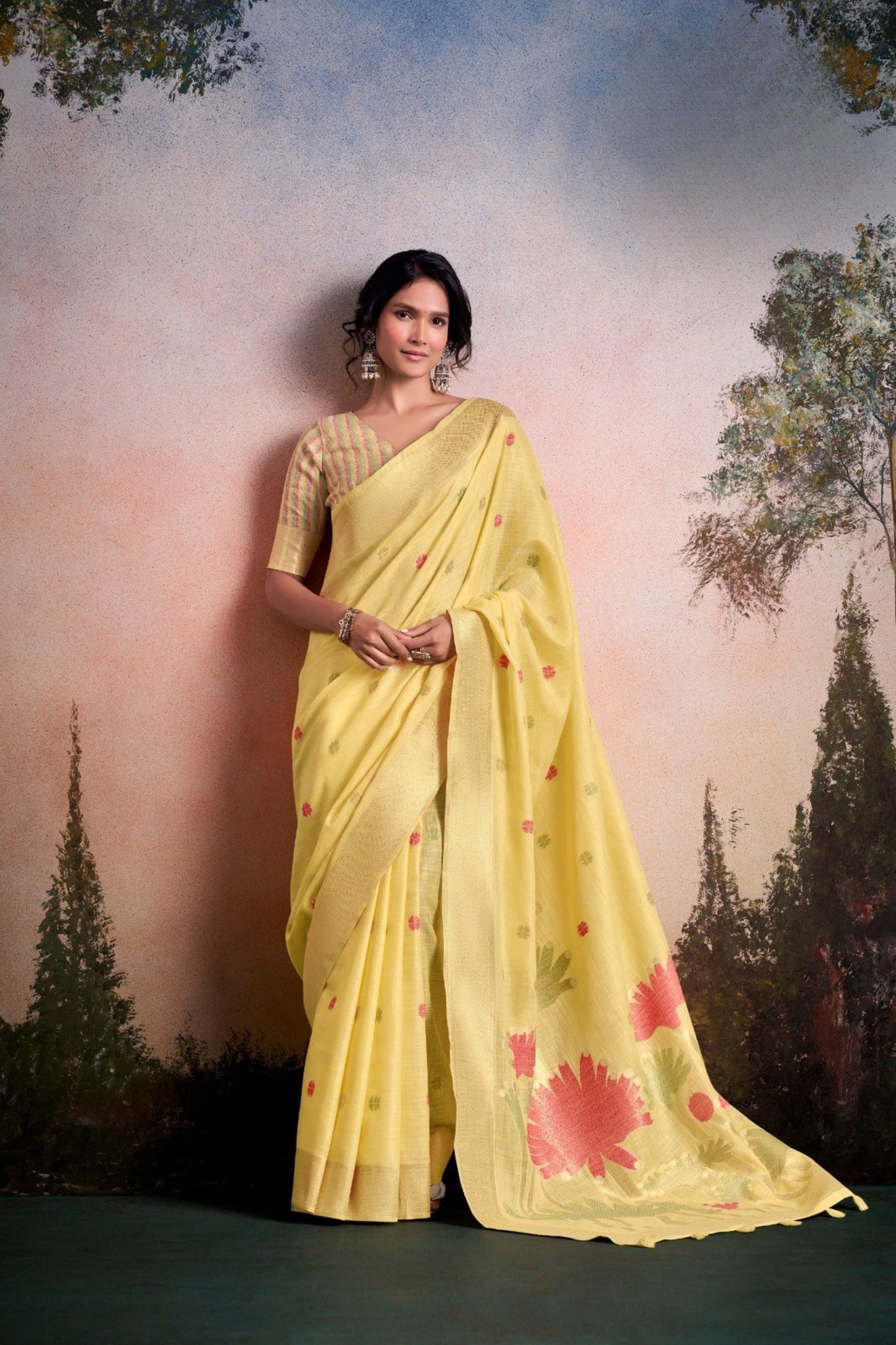 Elegant Lemon Yellow Linen Silk Soft Saree Floral Woven Zari Border