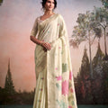 Elegant Cream Linen Silk Soft Saree Floral Woven Zari Border