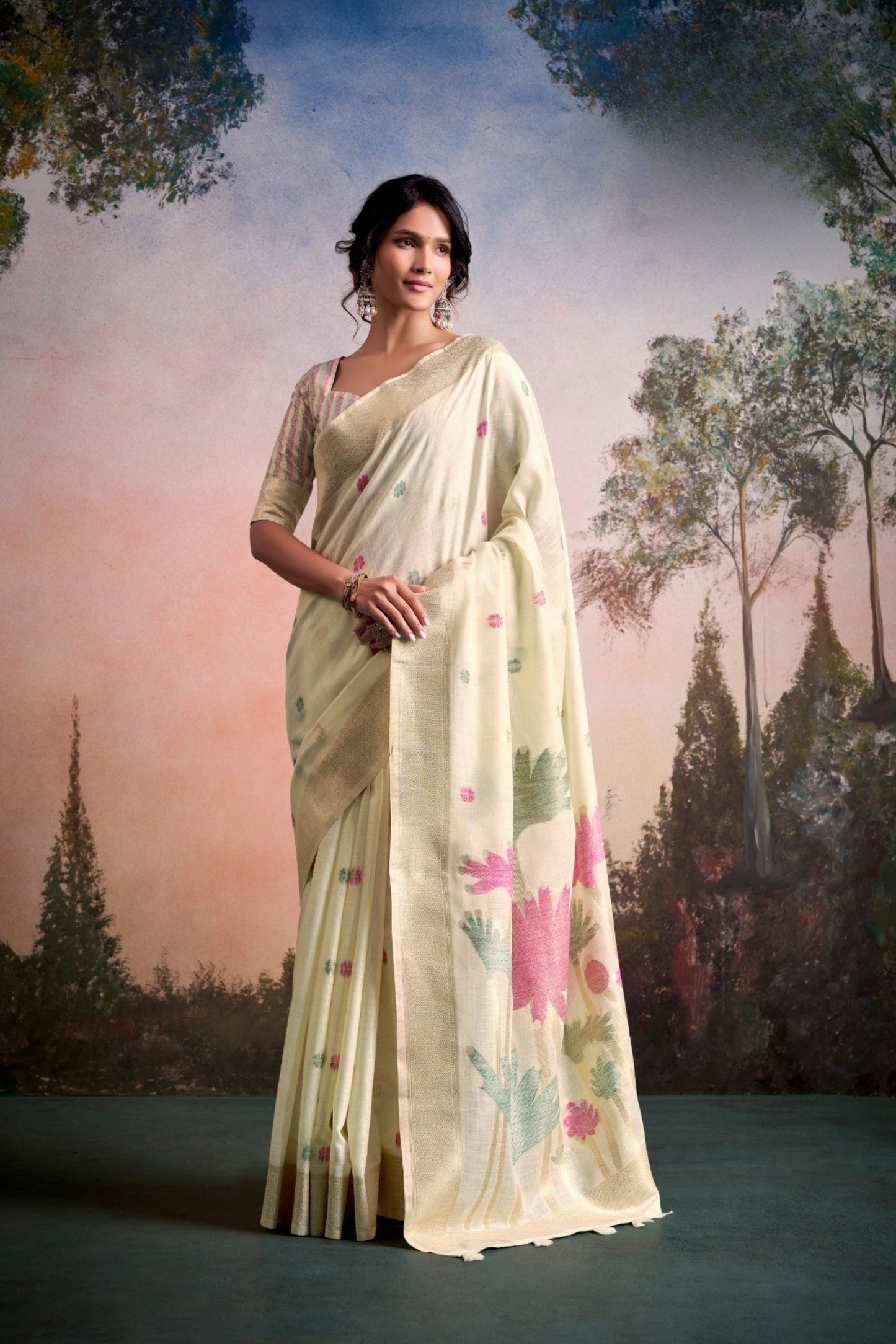 Elegant Cream Linen Silk Soft Saree Floral Woven Zari Border
