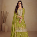 Royal Pista Green Silk Heavy Embroidered Straight Palazzo Suit Designer Dupatta