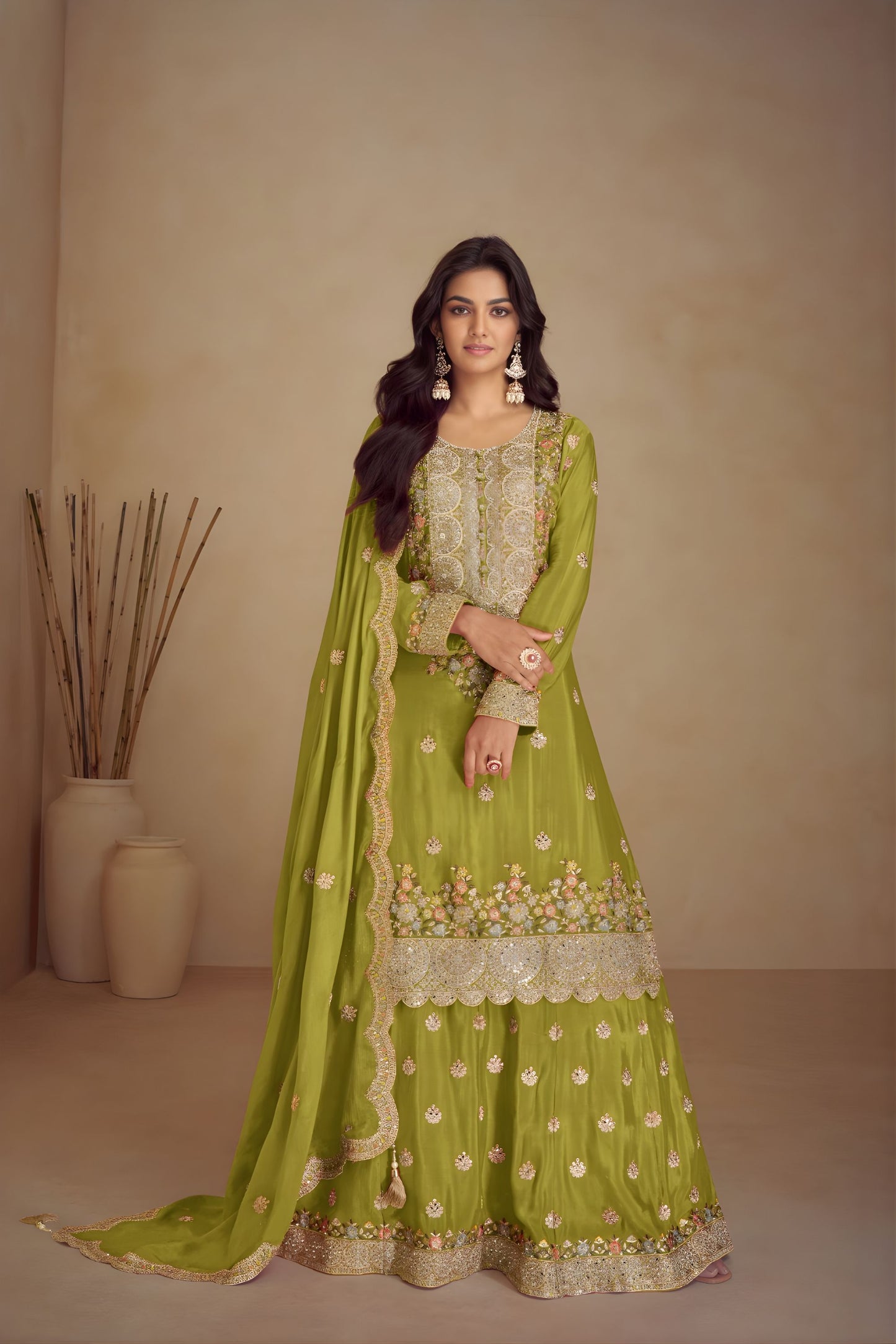 Royal Pista Green Silk Heavy Embroidered Straight Palazzo Suit Designer Dupatta