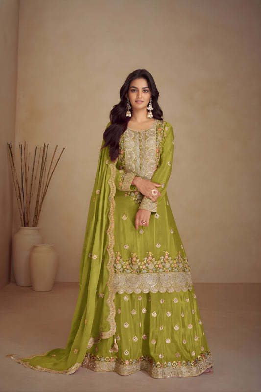 Royal Pista Green Silk Heavy Embroidered Straight Palazzo Suit Designer Dupatta