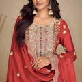 Stylish Coral Red Silk Heavy Embroidered Straight Palazzo Suit Designer Dupatta