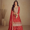 Stylish Coral Red Silk Heavy Embroidered Straight Palazzo Suit Designer Dupatta