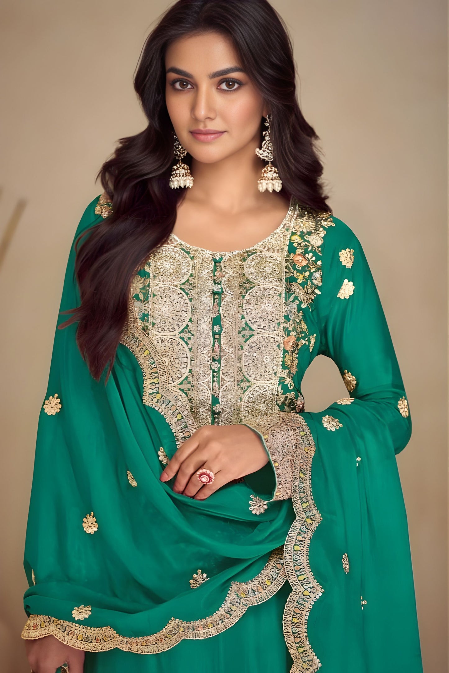 Royal Teal Green Silk Heavy Embroidered Straight Palazzo Suit with Designer Dupatta