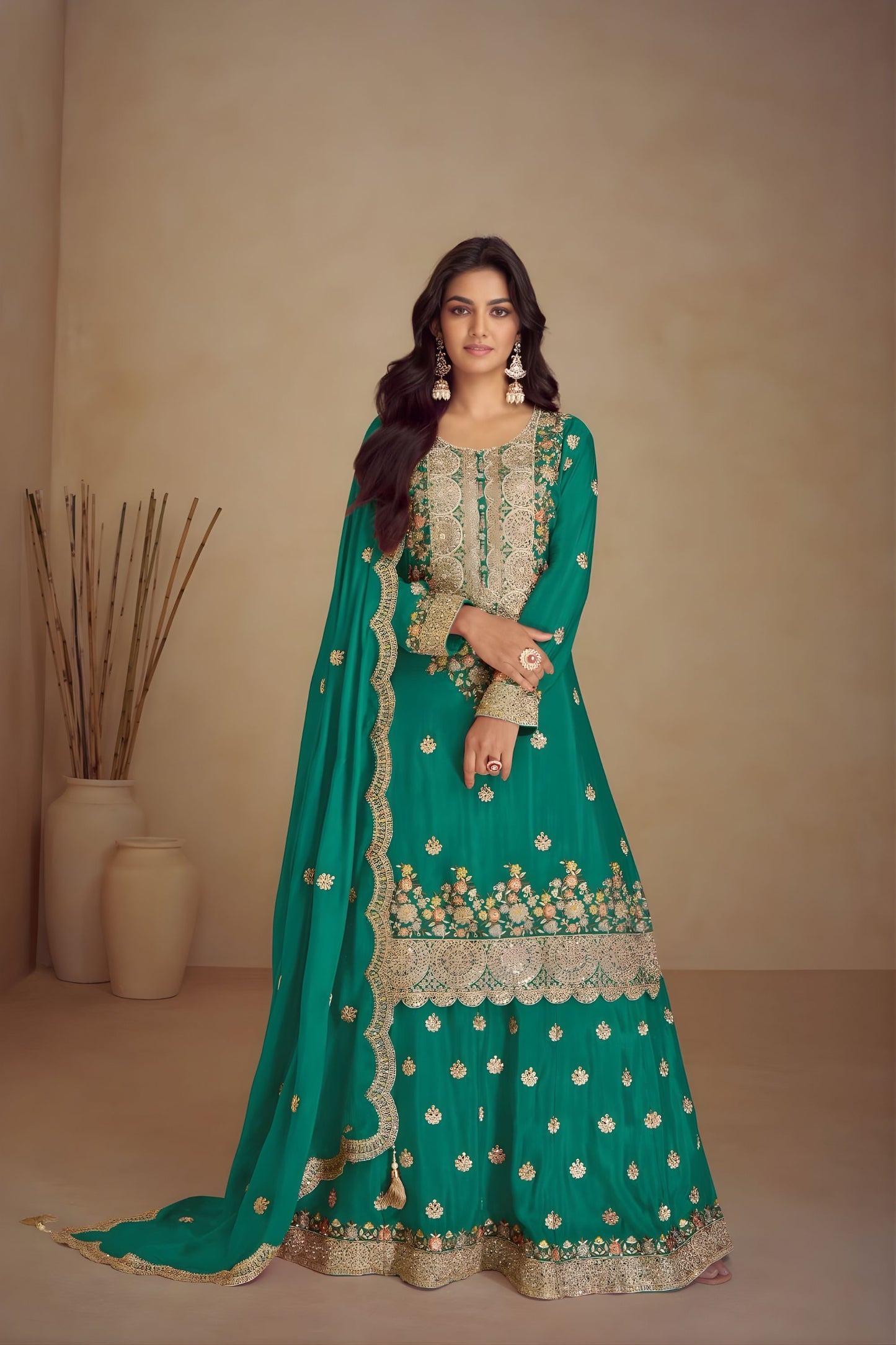 Royal Teal Green Silk Heavy Embroidered Straight Palazzo Suit with Designer Dupatta