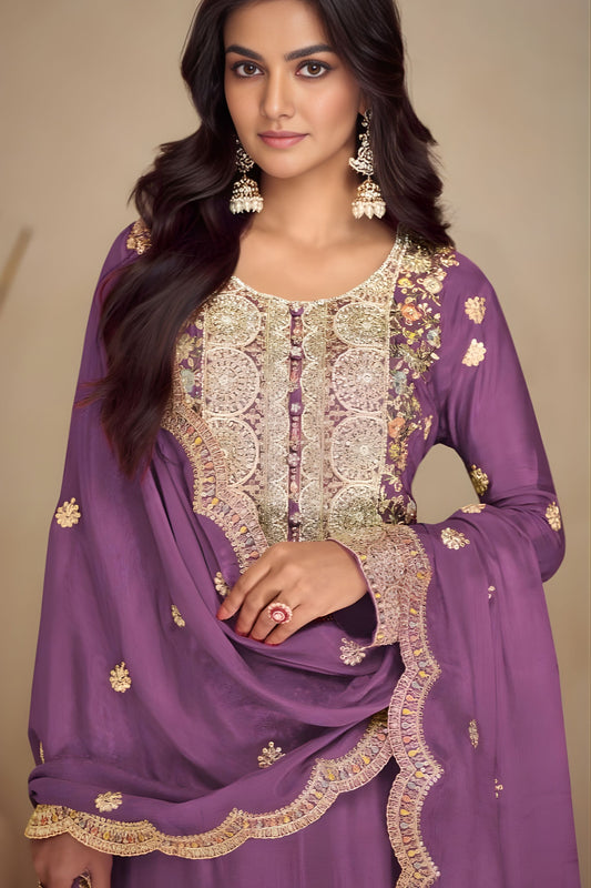 Wonderful Purple Silk Heavy Embroidered Straight Palazzo Suit Dupatta for Wedding