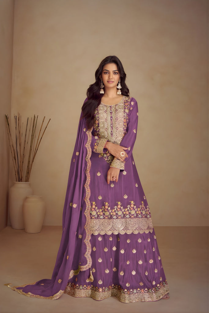 Wonderful Purple Silk Heavy Embroidered Straight Palazzo Suit Dupatta for Wedding