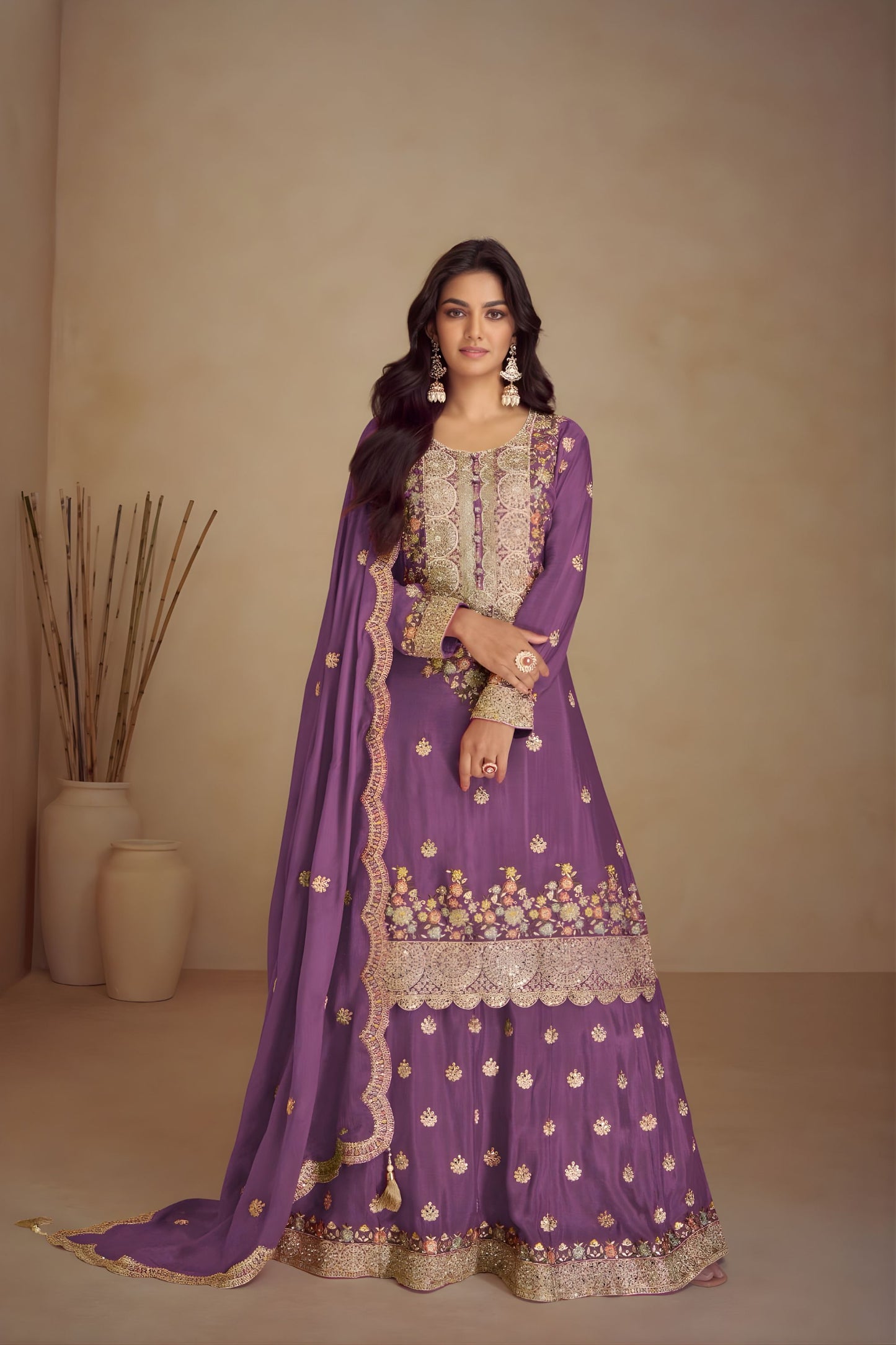 Wonderful Purple Silk Heavy Embroidered Straight Palazzo Suit Dupatta for Wedding