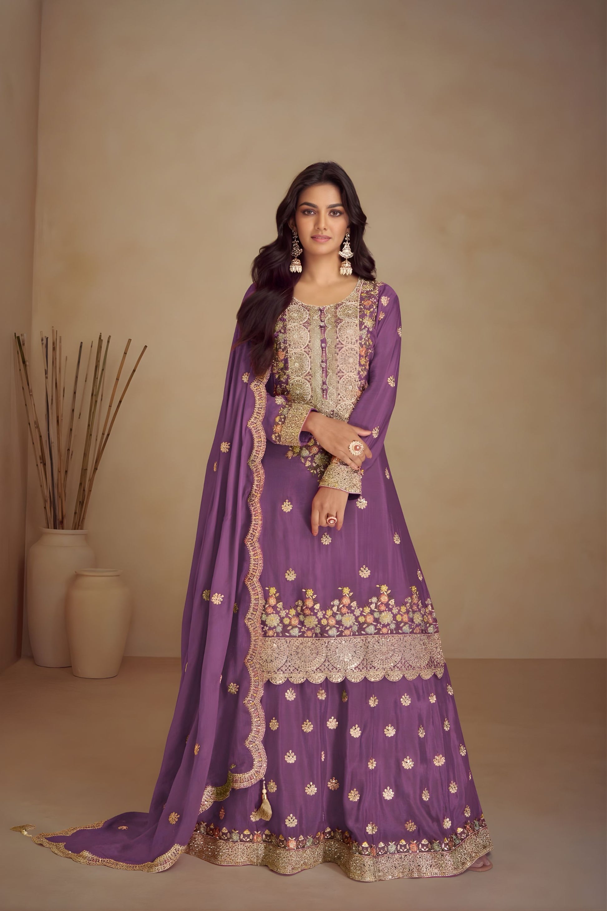 Wonderful Purple Silk Heavy Embroidered Straight Palazzo Suit Dupatta for Wedding
