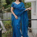 Royal Blue Organza Saree Embroidered Border Designer Blouse