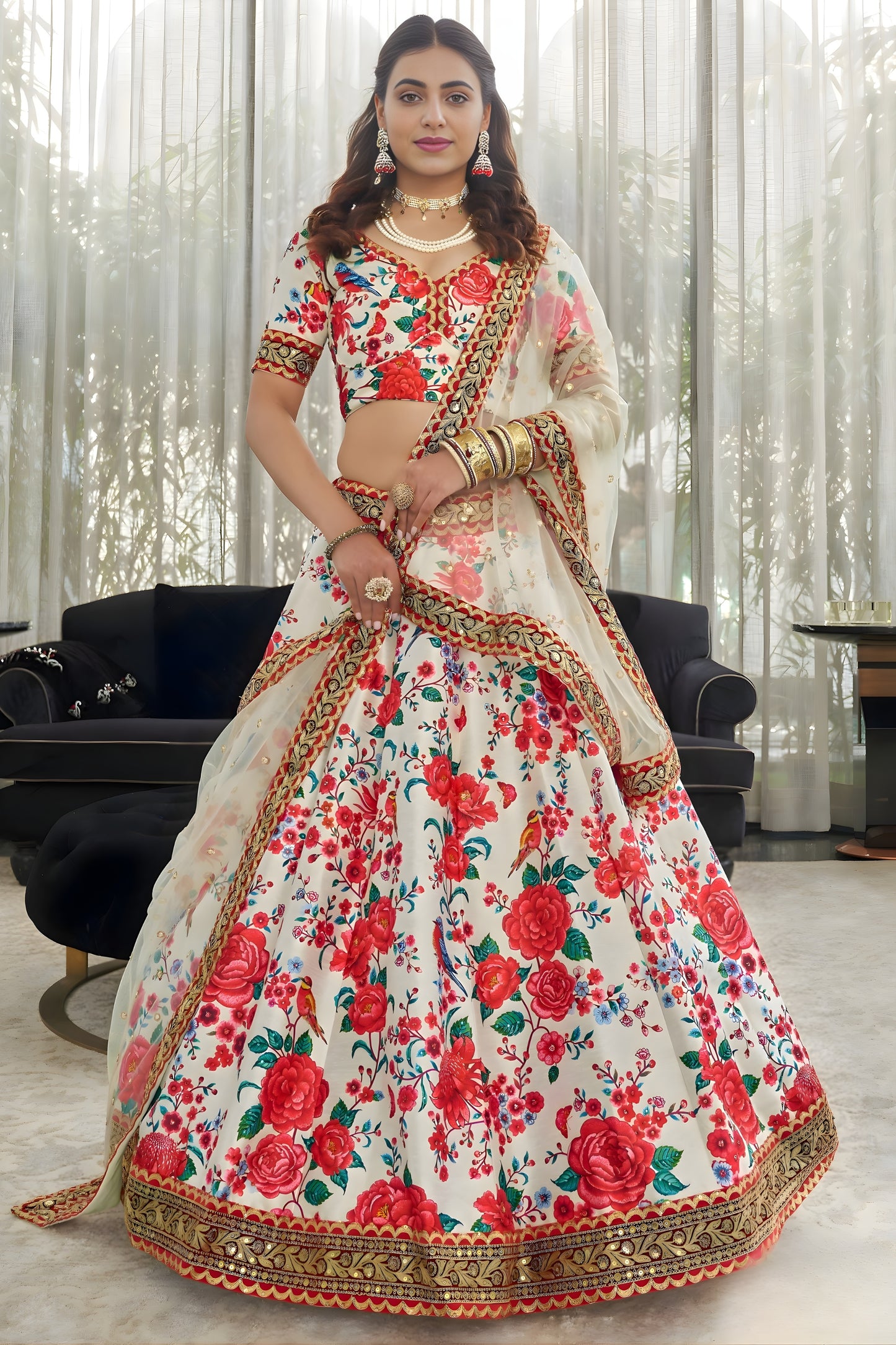 Elegant White Art Silk Digital Print Wedding Wear Lehenga Choli with Dupatta for Women