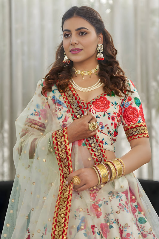 Elegant White Art Silk Digital Print Wedding Wear Lehenga Choli with Dupatta for Women