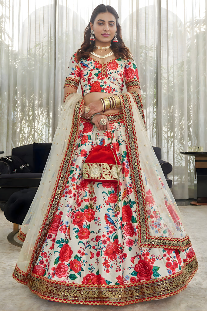 Elegant White Art Silk Digital Print Wedding Wear Lehenga Choli with Dupatta for Women