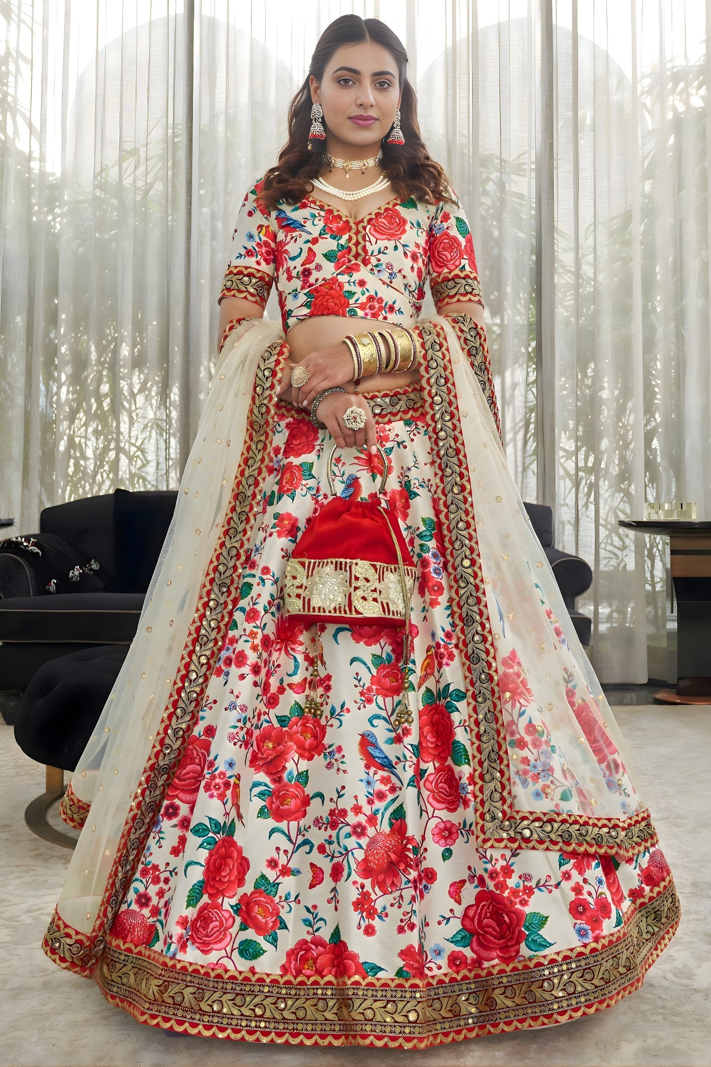 Elegant White Art Silk Digital Print Wedding Wear Lehenga Choli with Dupatta for Women