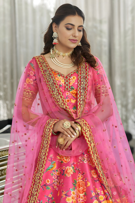 Stunning Pink Art Silk Digital Print Wedding Wear Lehenga Choli with Dupatta for Women