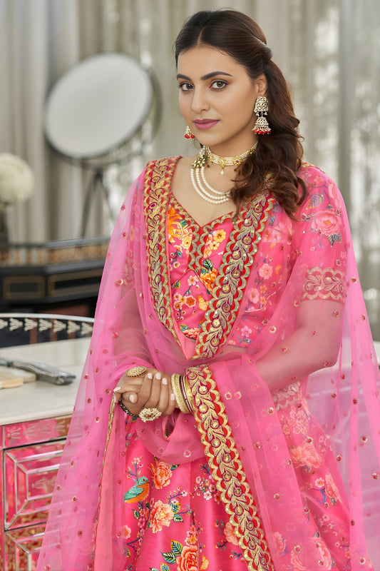 Stunning Pink Art Silk Digital Print Wedding Wear Lehenga Choli with Dupatta for Women