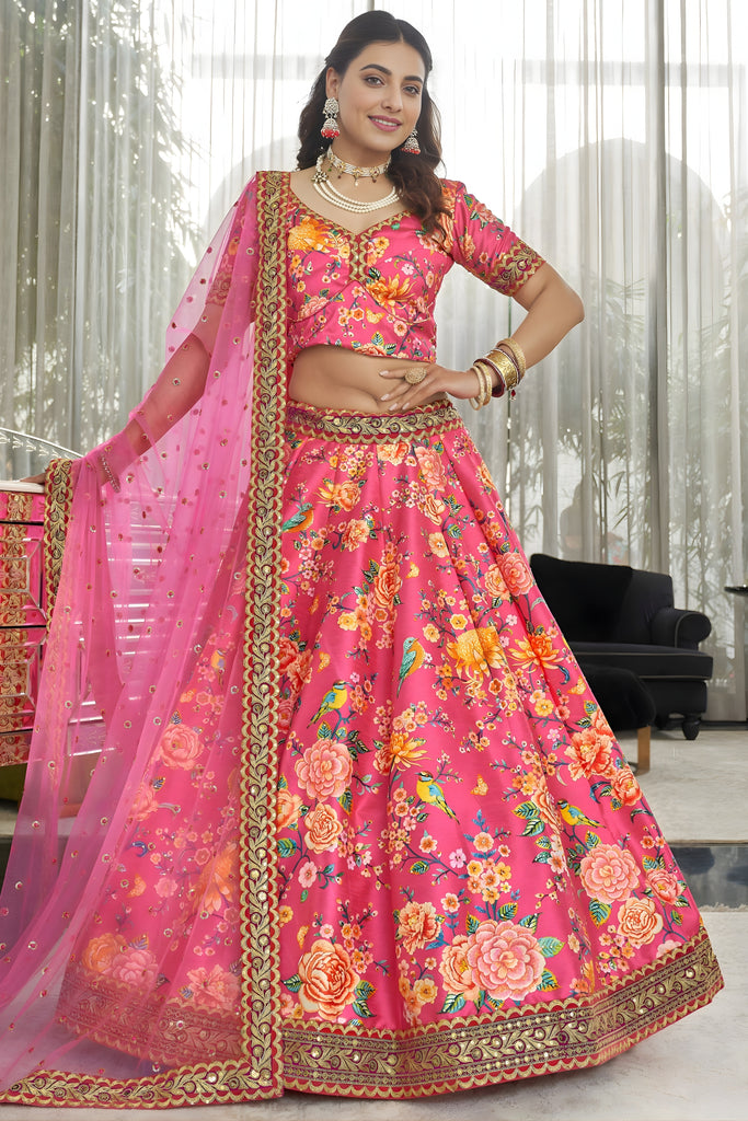 Stunning Pink Art Silk Digital Print Wedding Wear Lehenga Choli with Dupatta for Women