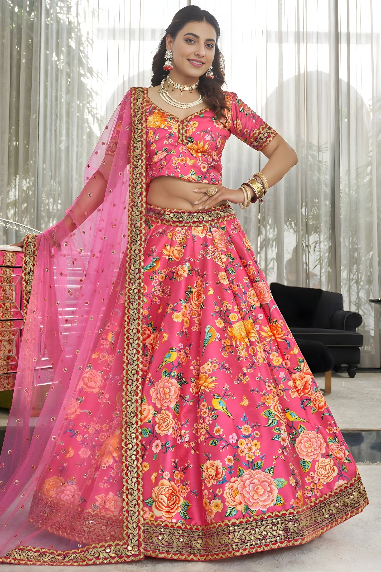 Stunning Pink Art Silk Digital Print Wedding Wear Lehenga Choli with Dupatta for Women