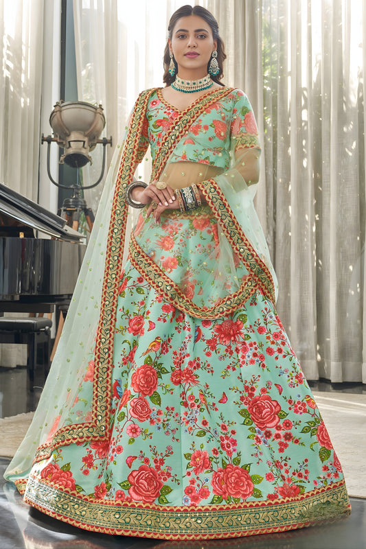 Beautiful Mint Green Art Silk Digital Print Wedding Wear Lehenga Choli with Dupatta for Women