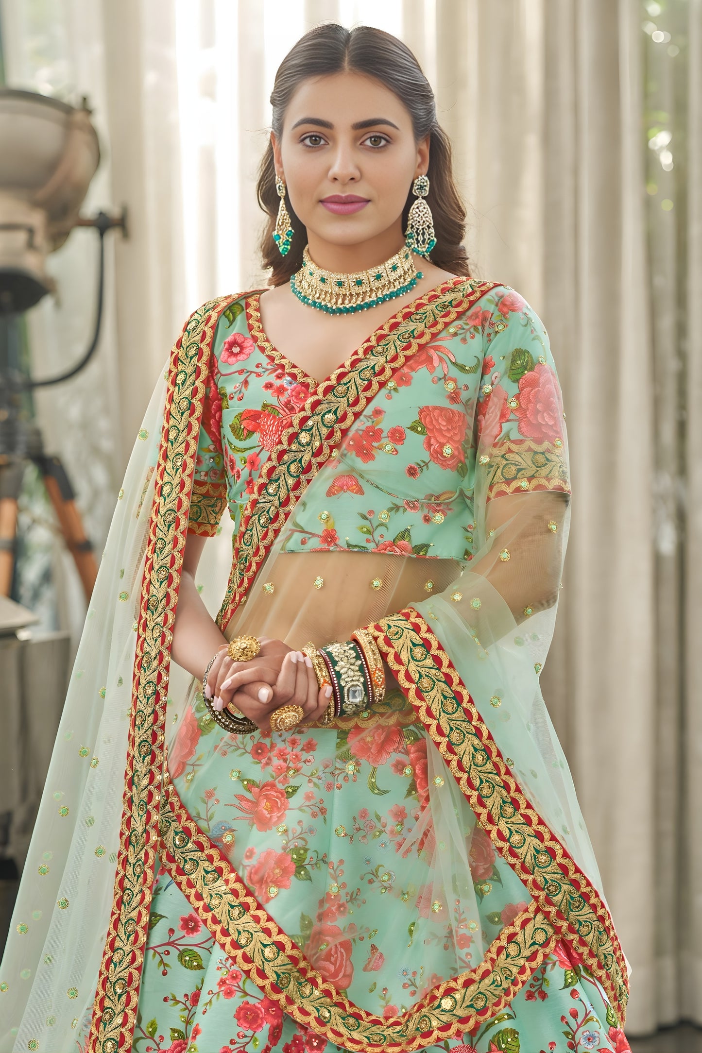 Beautiful Mint Green Art Silk Digital Print Wedding Wear Lehenga Choli with Dupatta for Women