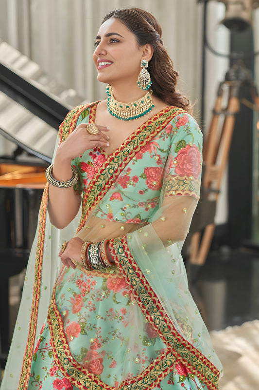 Beautiful Mint Green Art Silk Digital Print Wedding Wear Lehenga Choli with Dupatta for Women