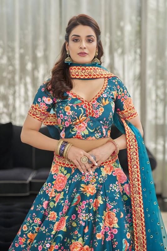 Fancy Teal Blue Art Silk Digital Print Wedding Wear Lehenga Choli with Dupatta for Women