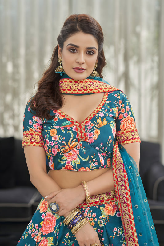 Fancy Teal Blue Art Silk Digital Print Wedding Wear Lehenga Choli with Dupatta for Women