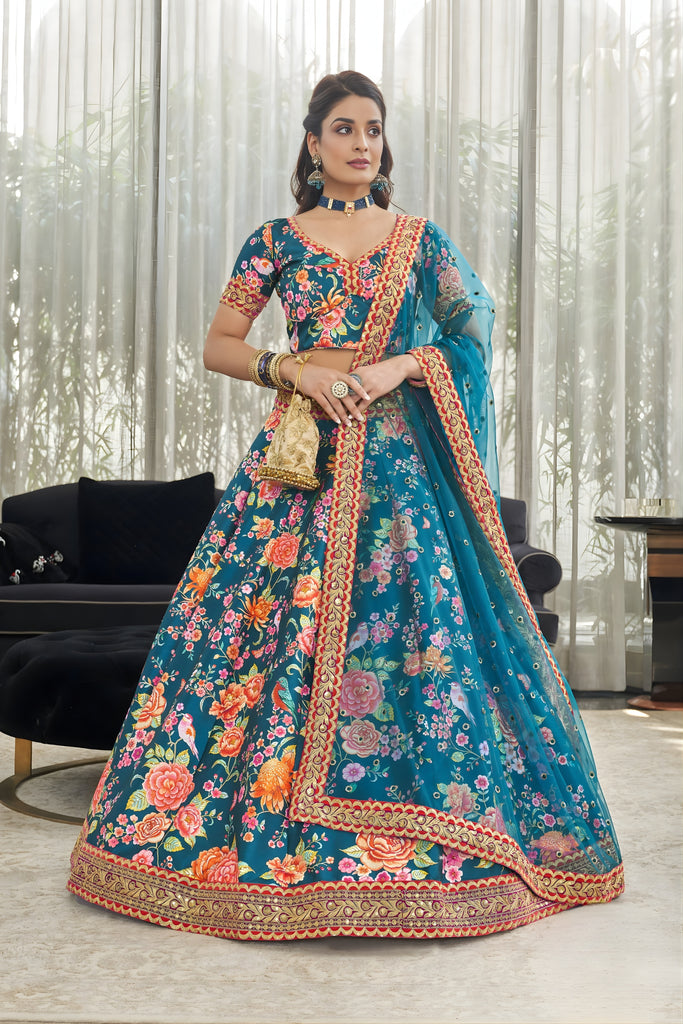 Fancy Teal Blue Art Silk Digital Print Wedding Wear Lehenga Choli with Dupatta for Women