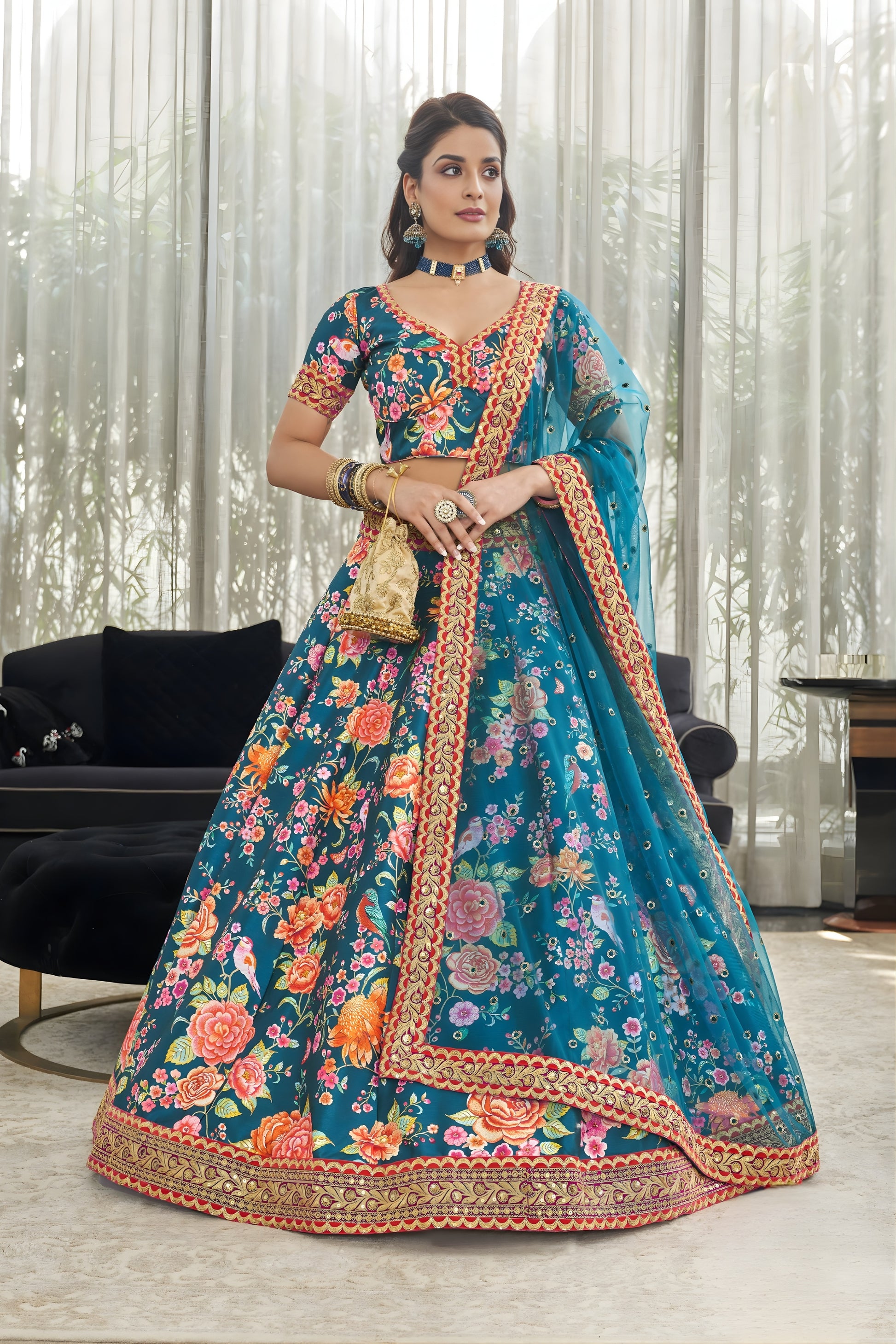Fancy Teal Blue Art Silk Digital Print Wedding Wear Lehenga Choli with Dupatta for Women