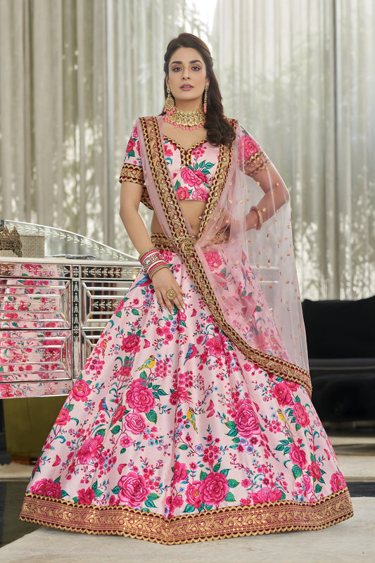 Lovely Baby Pink Art Silk Digital Print Wedding Wear Lehenga Choli with Dupatta for Women