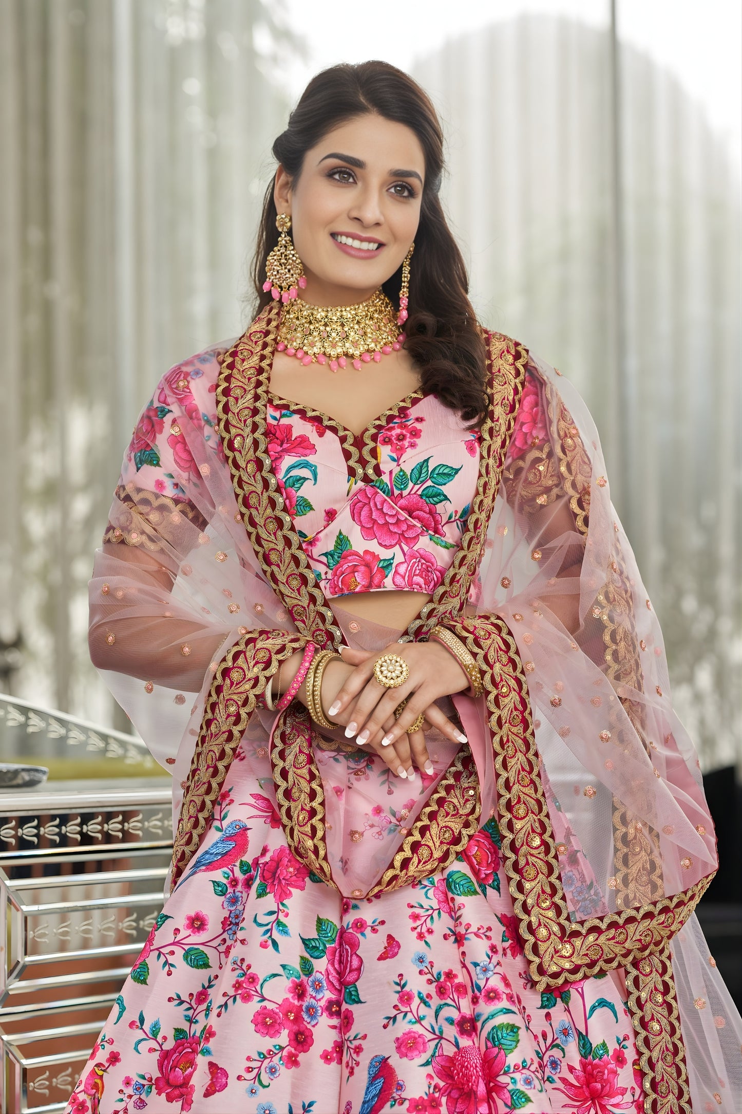 Lovely Baby Pink Art Silk Digital Print Wedding Wear Lehenga Choli with Dupatta for Women