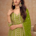 Elegant Mehendi Green Embroidered Chinon Party Wear Palazzo Suit with Dupatta