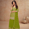 Elegant Mehendi Green Embroidered Chinon Party Wear Palazzo Suit with Dupatta