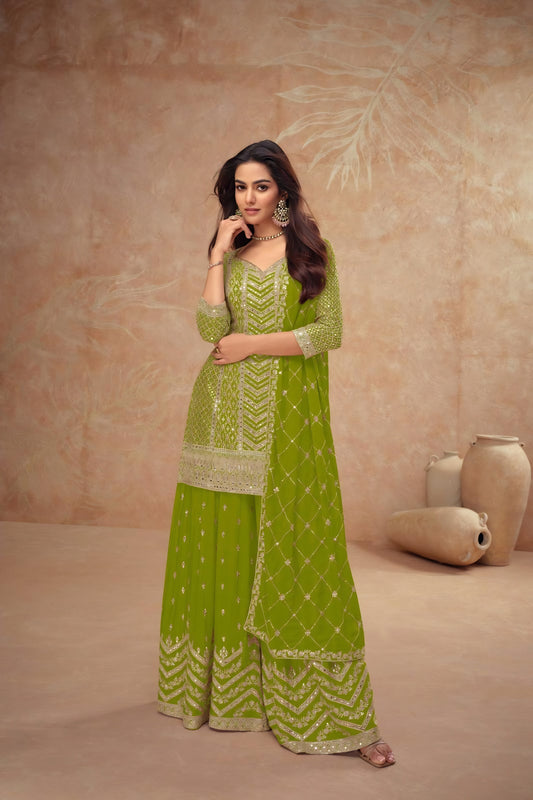 Elegant Mehendi Green Embroidered Chinon Party Wear Palazzo Suit with Dupatta