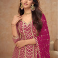 Stunning Rani Pink Embroidered Chinon Party Wear Palazzo Suit with Dupatta
