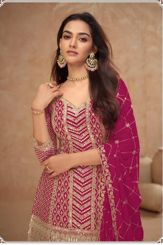 Stunning Rani Pink Embroidered Chinon Party Wear Palazzo Suit with Dupatta