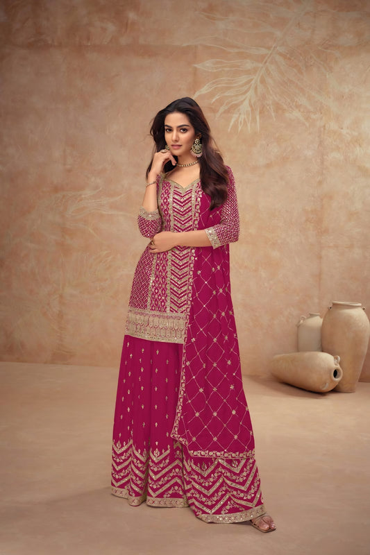 Stunning Rani Pink Embroidered Chinon Party Wear Palazzo Suit with Dupatta