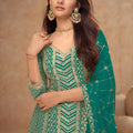 Graceful Teal Green Embroidered Chinon Party Wear Palazzo Suit with Dupatta